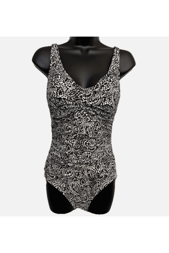 Lands End Woman's One Piece Swim Suit Scoop Neck Size XS Black & White Floral