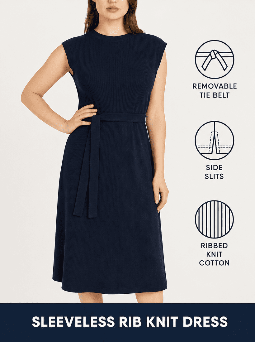 lands end ladies dresses Woman's Sleeveless Rib Dress - Navy Fabric:TAFFETA
