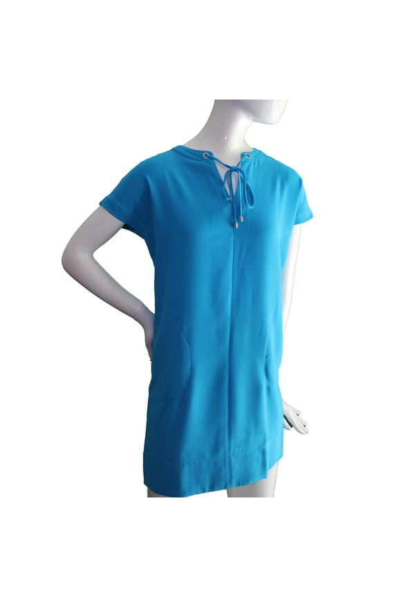Lands End Women Size 0 Petite, Short Sleeve Slit Neck Woven Tee Dress, Cyan Blue
