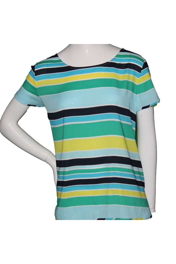 Lands End Women Size 16 Petite, Short Sleeve Crepe Print Tee, Aqua Multi Stripe