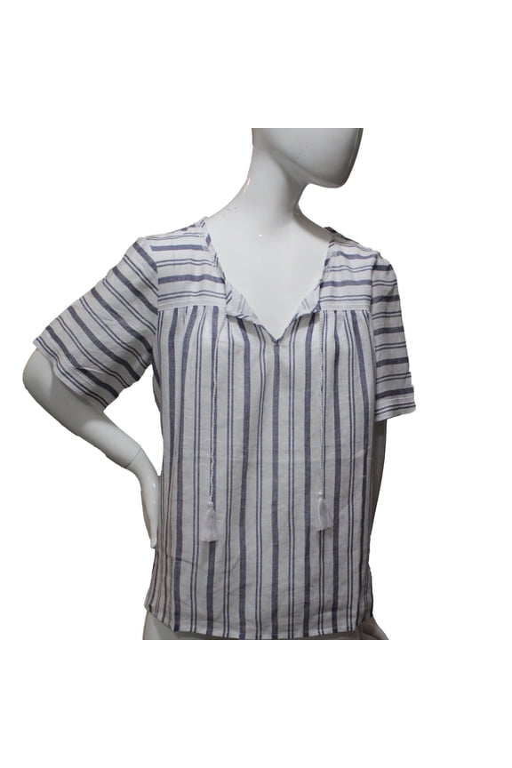 Lands End Women Size 16 Petite Short Sleeve Linen Blouse, Indigo Blue Stripes