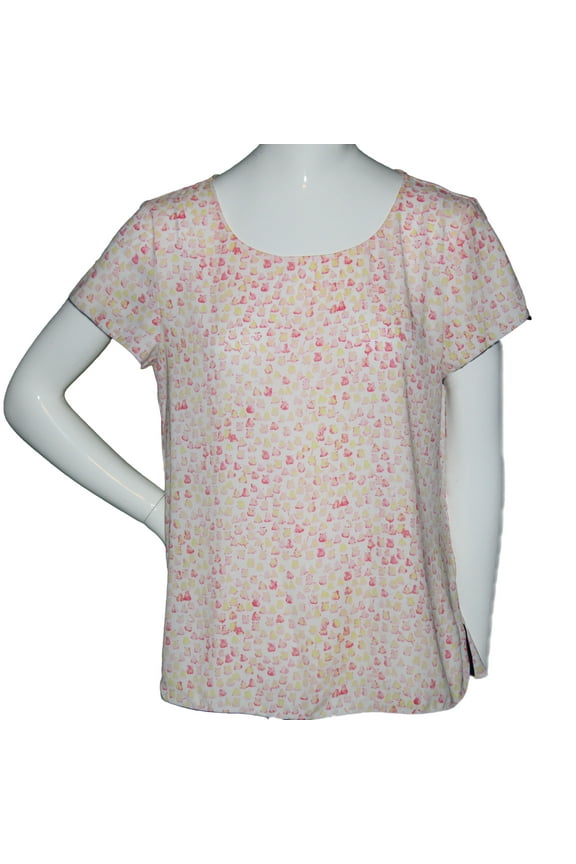Lands End Women Size 6 Petite, Short Sleeve Crepe Print Tee, Whisper Pink Print