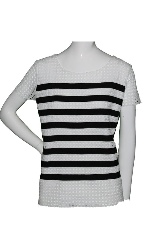 Lands End Women Size Small (6-8) Petite, Short Sleeve Lace Tee, White Stripe