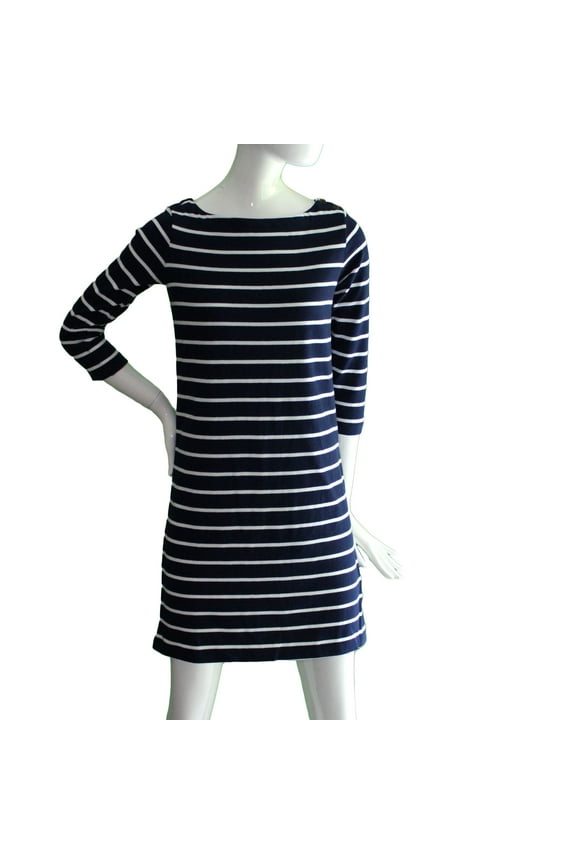 Women XXS (00-0) Petite 3/4 Sleeve Shift Dress, Navy Stripe