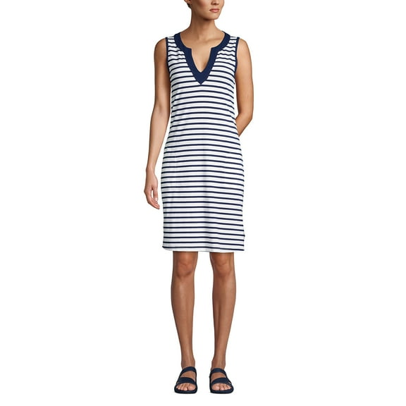 Lands' End Women's Cotton Jersey Sleeveless Swim Cover-up Dress Print