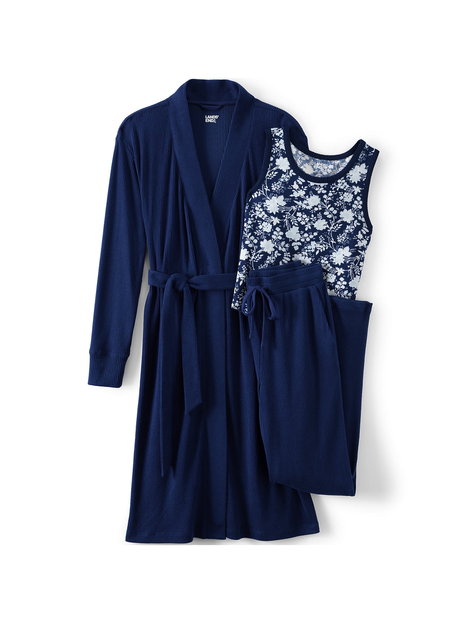 Lands End Women s Cozy 3 Piece Pajama Set Robe Top and Pants Walmart