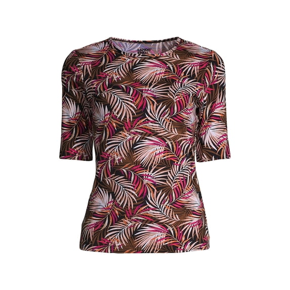 Lands' End Women's Crew Neck Elbow Sleeve Rash Guard UPF 50 Sun Protection Modest Swim Tee