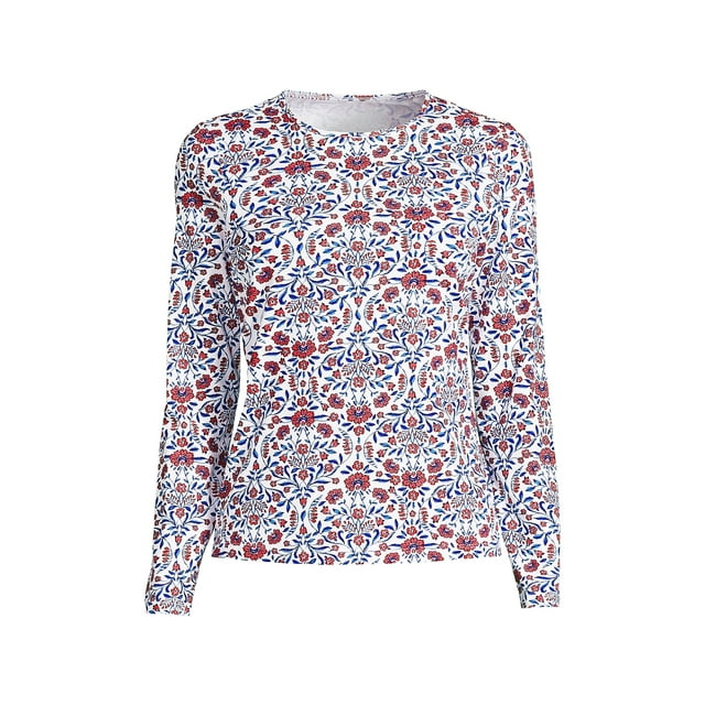 Lands' End Women's Crew Neck Long Sleeve Rash Guard UPF 50 Sun Protection Modest Swim Tee Print