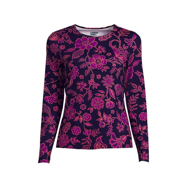 Lands' End Women's Crew Neck Long Sleeve Rash Guard UPF 50 Sun Protection Swim Tee