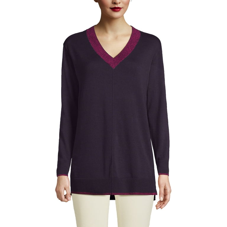 Lands End Women s Fine Gauge Cotton V Neck Pullover Tunic Sweater Stripe