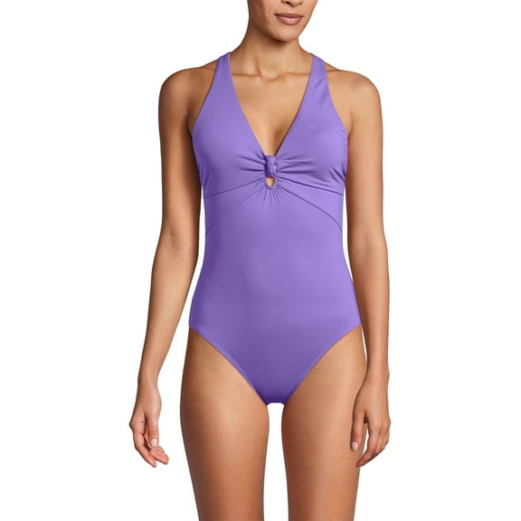 Lands' End Women's Knot Front V-neck High Leg One Piece Swimsuit