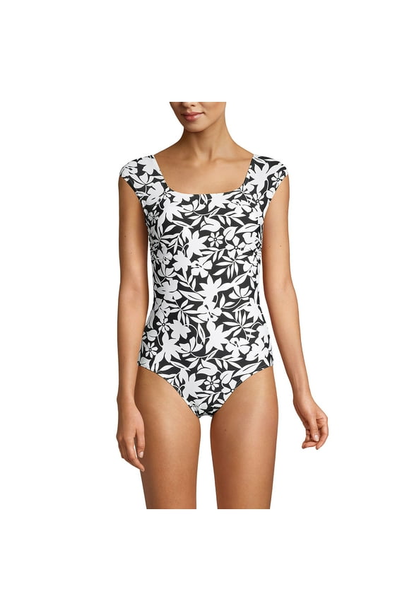 Women's Long Chlorine Resistant Tummy Control Cap Sleeve X-Back One Piece Swimsuit