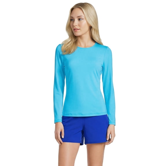 Lands' End Women's Long Torso SunShade UPF 50 Long Sleeve Rash Guard Swim Tee