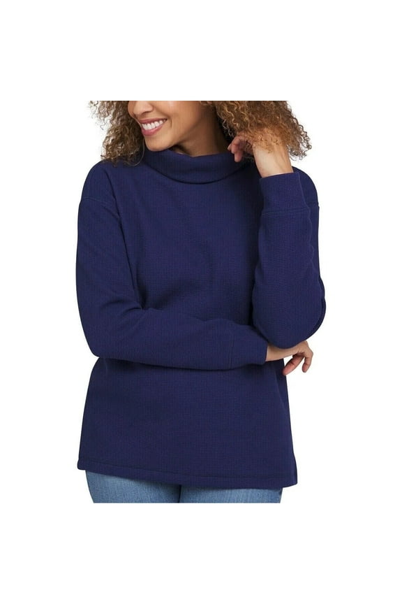Women's Long Sleeve Waffle Funnel Neck Top | Dark Blue, Medium