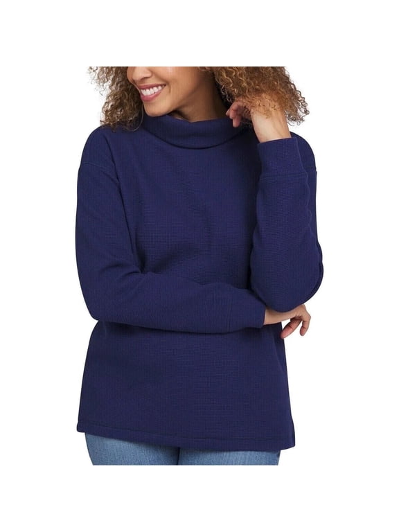 Women's Long Sleeve Waffle Funnel Neck Top | Dark Blue, Medium