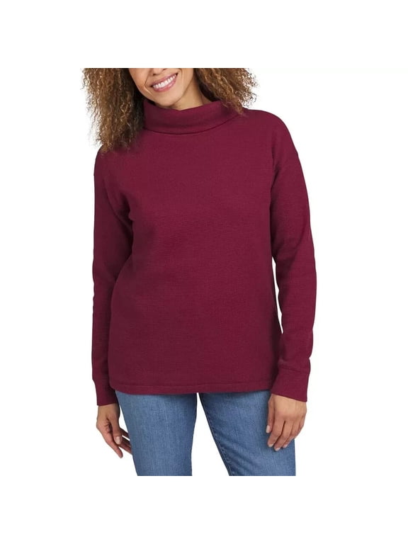 Women's Long Sleeve Waffle Funnel Neck Top M Red