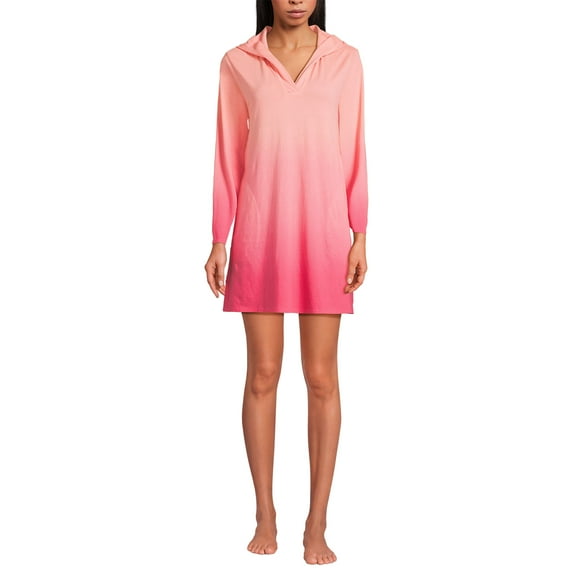 Lands' End Women's Petite Cotton Jersey Long Sleeve Hooded Swim Cover-up Dress