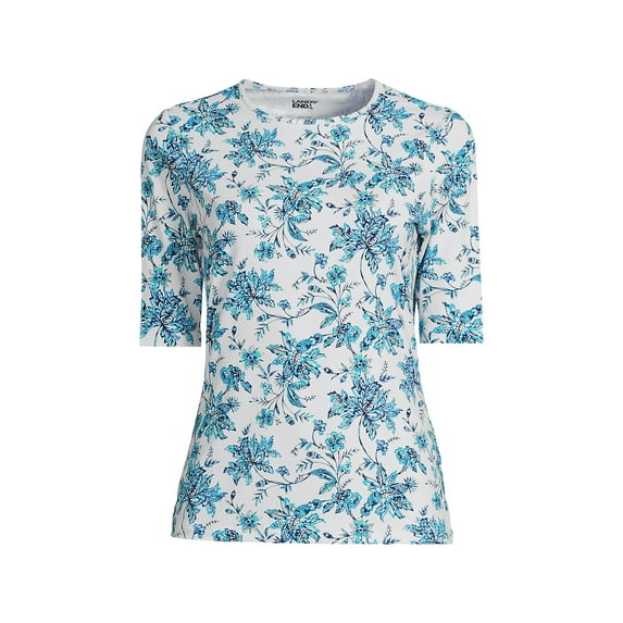 Lands' End Women's Petite Crew Neck Elbow Sleeve Rash Guard UPF 50 Sun Protection Modest Swim Tee