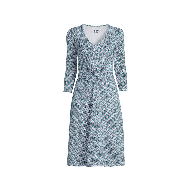 Lands End Women s Petite Lightweight Cotton Modal 3 4 Sleeve Fit and Flare V Neck Dress
