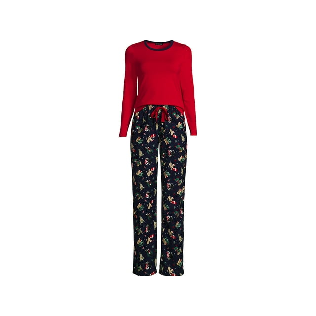 Lands' End Women's Petite Pajama Set Knit Long Sleeve TShirt and Flannel Pants