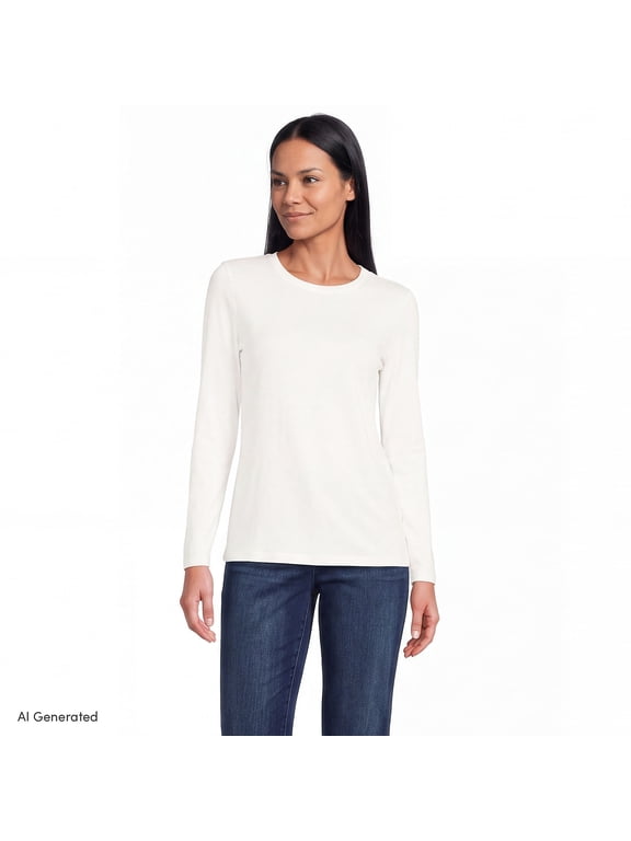 Women's Petite Supima Cotton Relaxed Long Sleeve Crew Neck T-Shirt