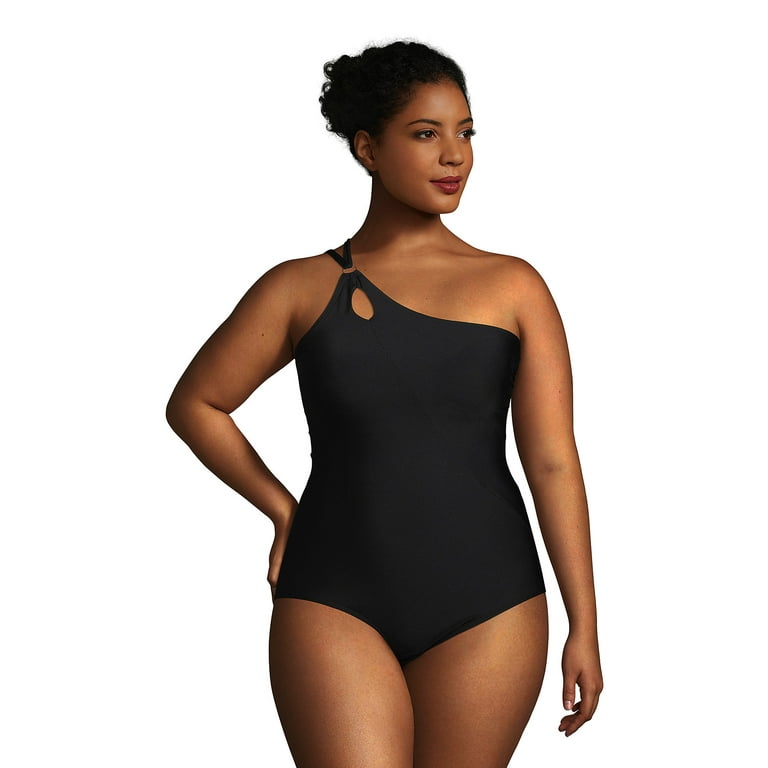 Lands' End Women's Plus Size Chlorine Resistant Tummy Control One Shoulder  One Piece Swimsuit Adjustable Strap 