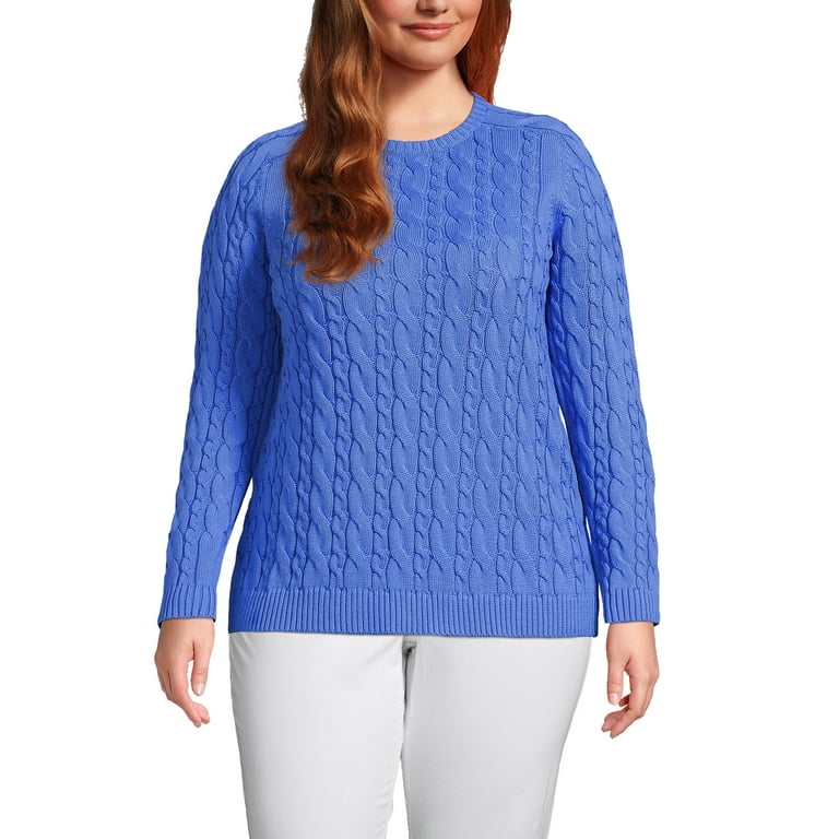 Lands' End Women's Plus Size Cotton Drifter Cable Crew Neck