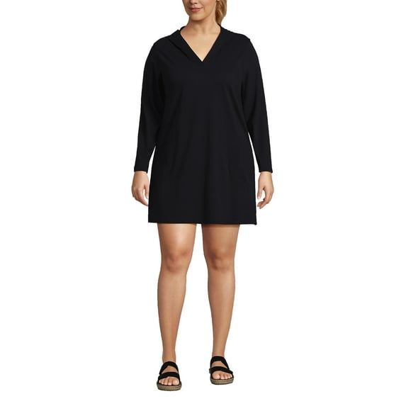 Lands' End Women's Plus Size Cotton Jersey Long Sleeve Hooded Swim Cover-up Dress