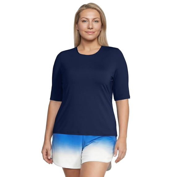 Lands' End Women's Plus Size SunShade UPF 50 Elbow Sleeve Rash Guard Swim Tee