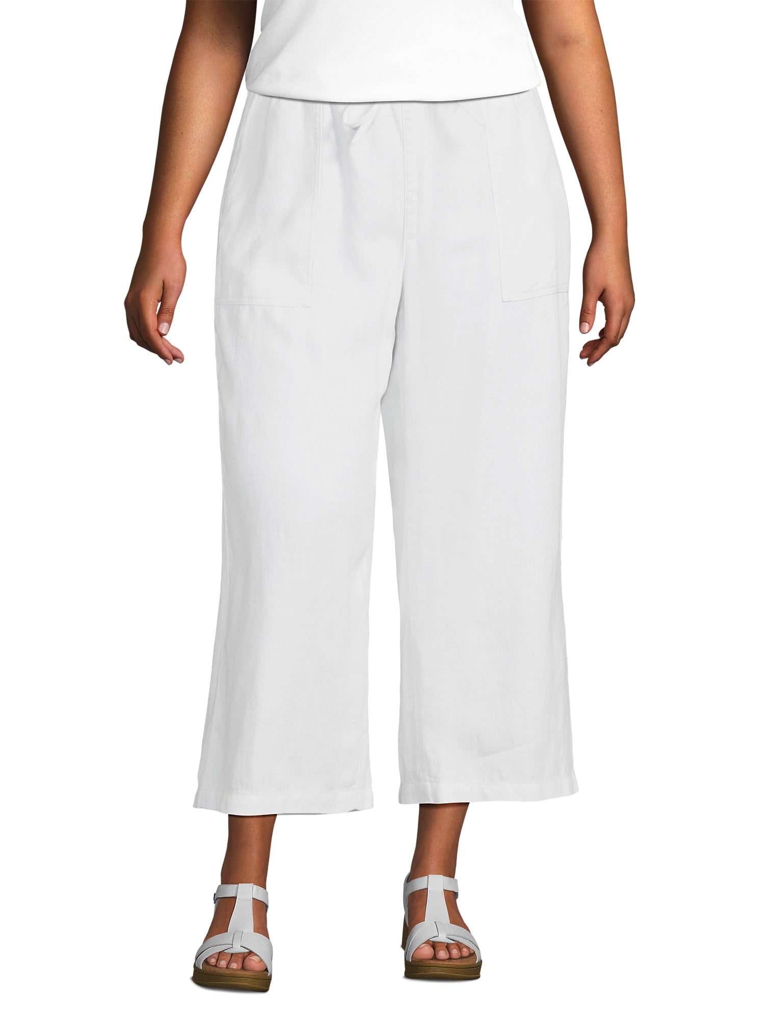 Lands' End Women's Plus Size High Rise Drawstring Linen Wide Leg Crop