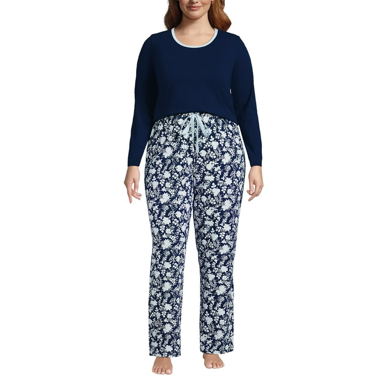 Lands' End Women's Plus Size Knit Pajama Set Long Sleeve T-Shirt