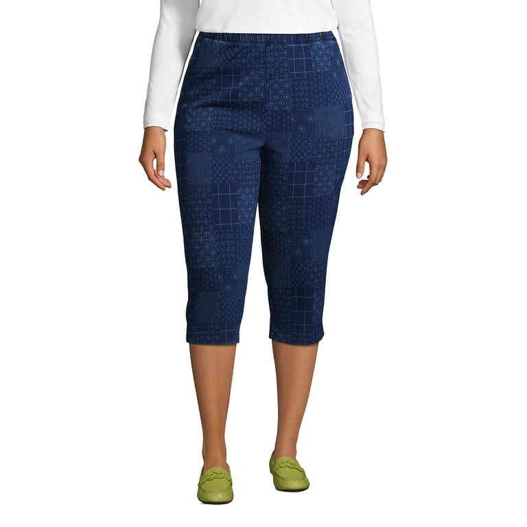 Lands End Women s Plus Size Sport Knit Denim High Rise Elastic Waist Pull On Capri Pants Walmart