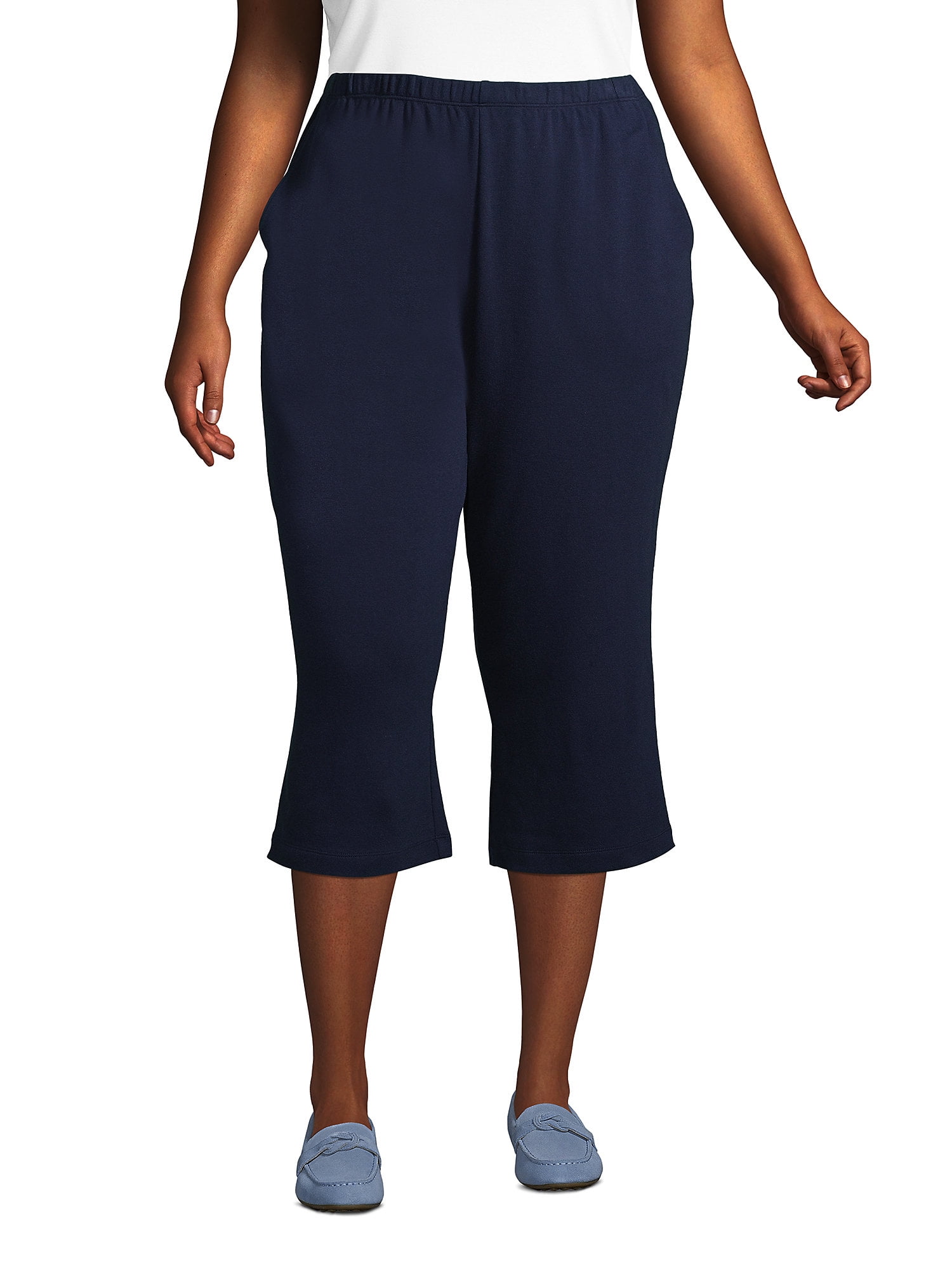 Lands' End Women's Plus Size Sport Knit High Rise Elastic Waist Pull On Capri Pants