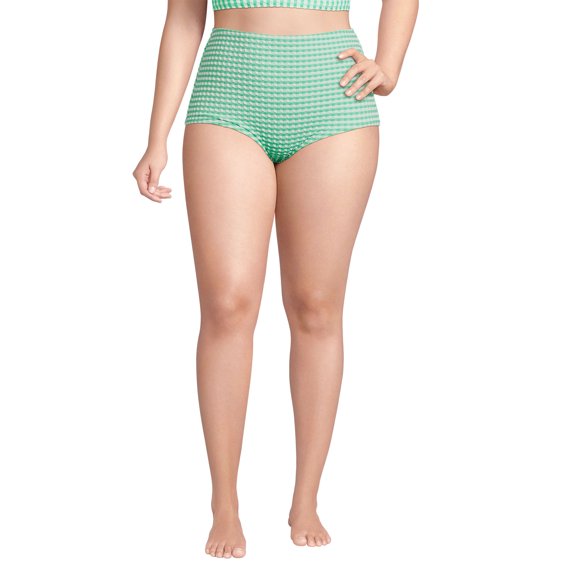 Lands' End Women's Plus Size Tummy Control Gingham Tugless High Waisted Bikini Bottoms