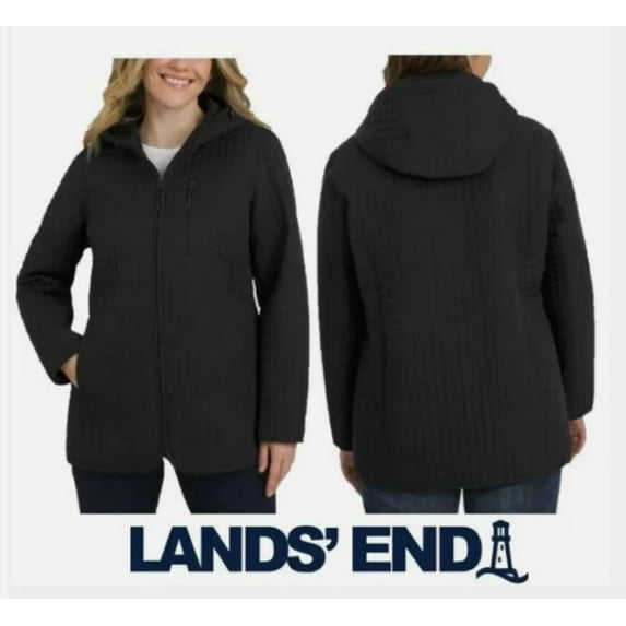 Lands’ End Women’s Quilted Hooded Jacket, Lightweight Warm Casual Coat, Black, Size XS