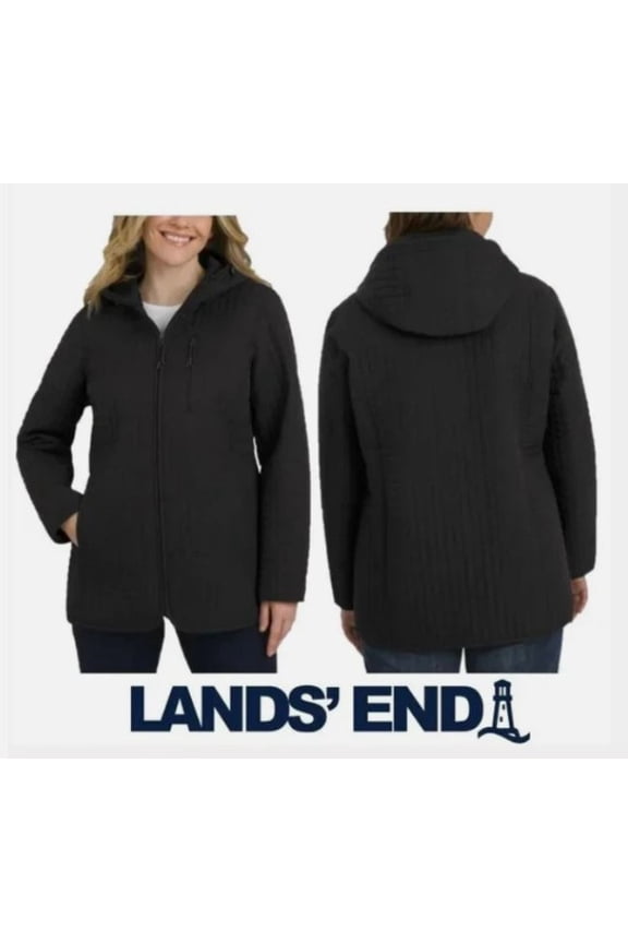 Lands’ End Women’s Quilted Hooded Jacket, Lightweight Warm Casual Coat, Black, Size XS