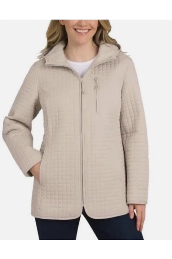 Lands End Womens Quilted Hooded Jacket, Lightweight Warm Casual Coat, Tan, Size XL