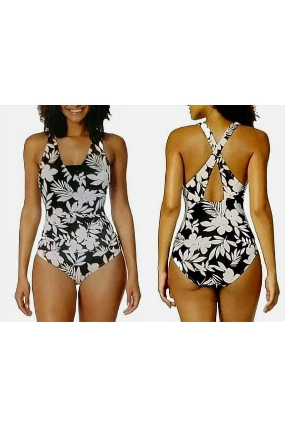 Lands End Women's Ruched Tummy Flattering UPF 50 Crossback Swimsuit, Black Small