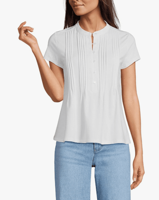 Lands' End Women's Button Pintuck Puff Sleeve Top - Soft Cotton Blend, V-Neck