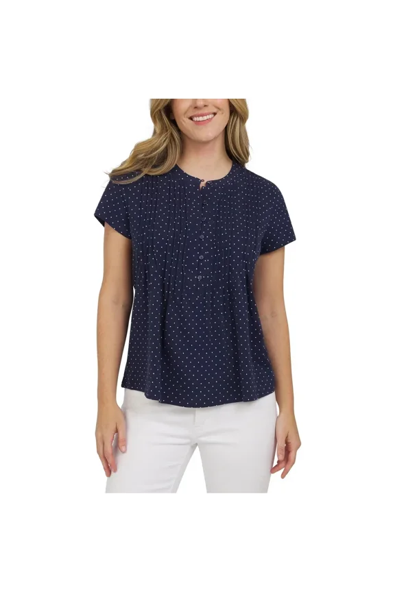 Women's Short Sleeve Pintuck Blouse Navy Size S