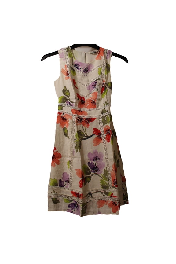Women's Size 0 Petite Sleeveless Lace Trim Dress, Off-White Floral