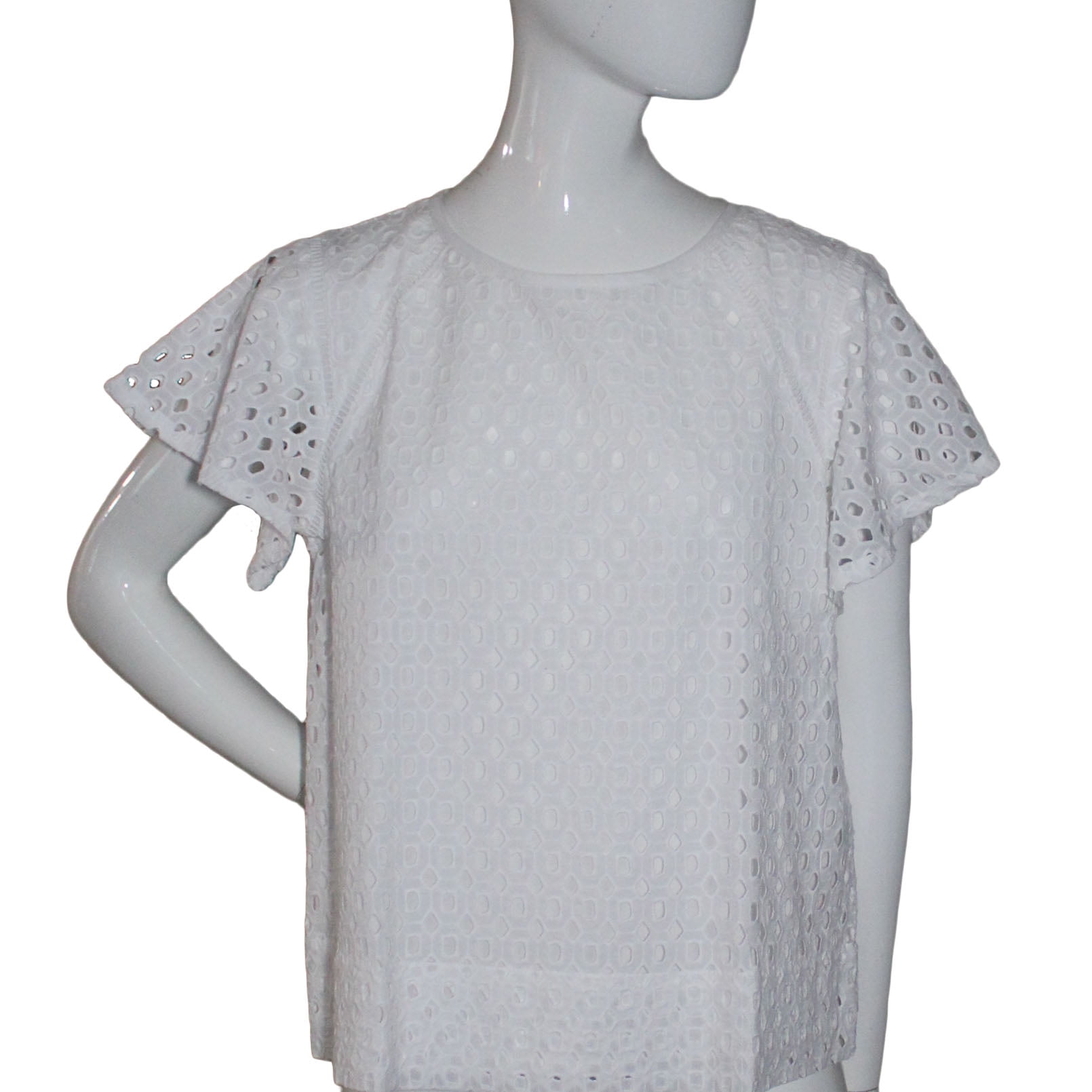 Lands End Women's Size 8 Petite Short Sleeve Eyelet Blouse, White