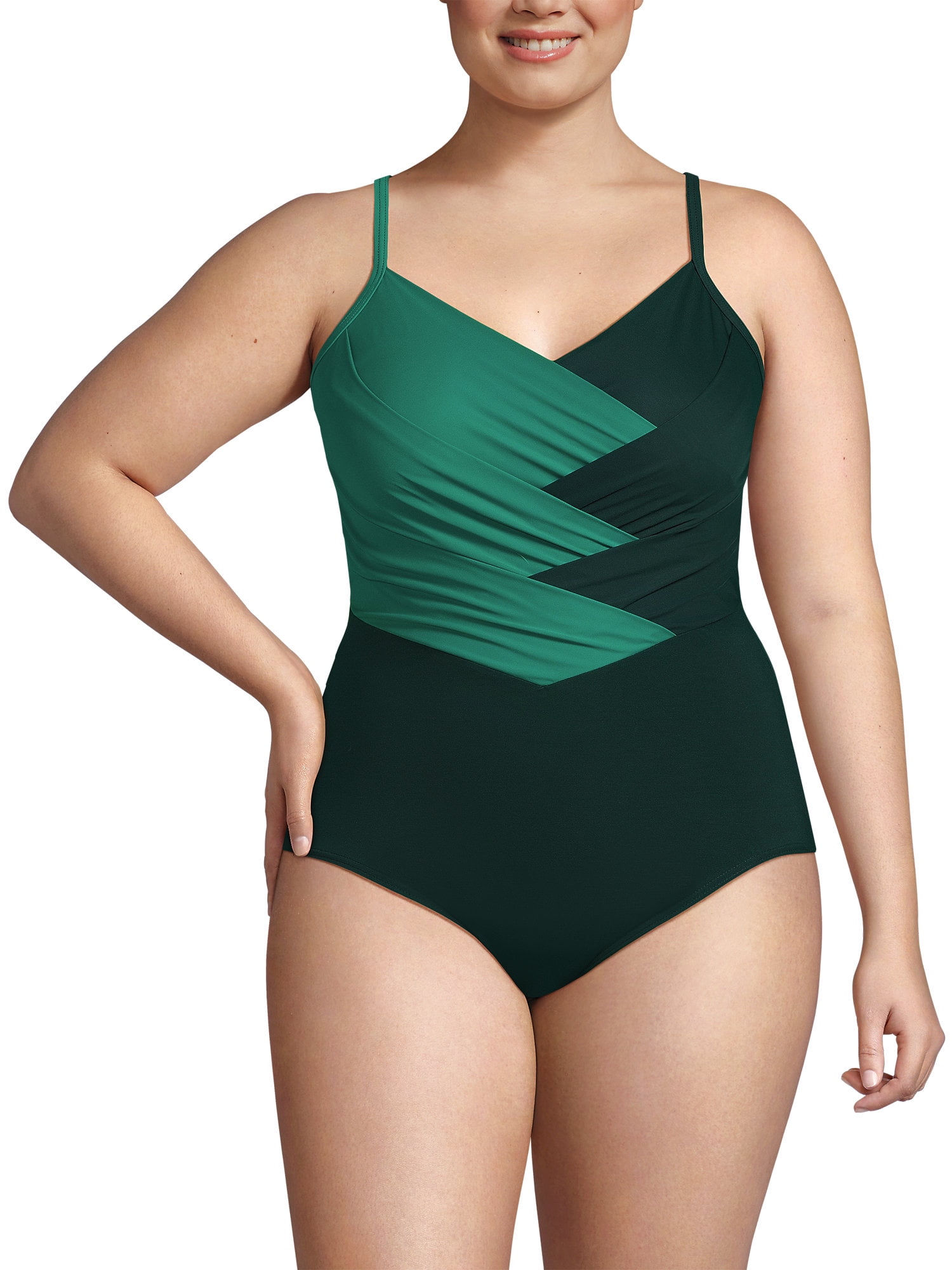 Lands End Women s Slender Suit Pleated X back One Piece Swimsuit
