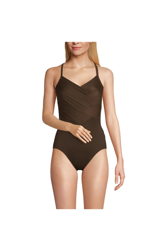 Women's Slender Suit V-neck Pleated X-back One Piece Swimsuit
