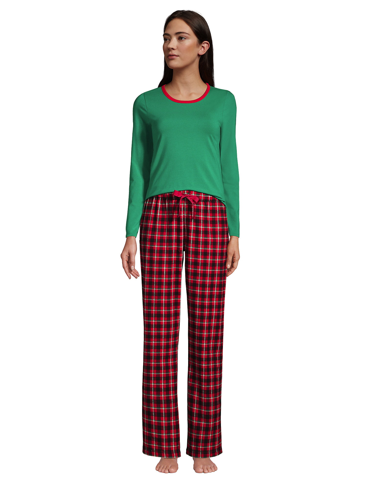 Lands' End Women's Tall Pajama Set Knit Long Sleeve T-Shirt and Flannel  Pants 