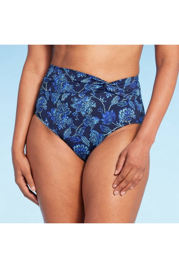 Women's UPF 50 Full Coverage Floral Print High Waist Twist-Front Bikini Bottom - Blue S