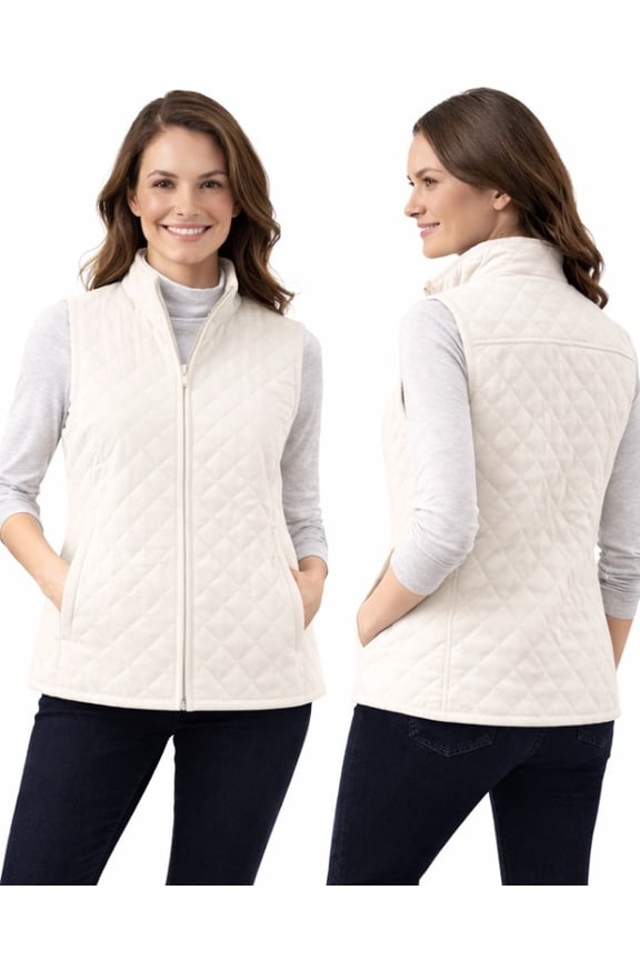 Lands End Womens Zip-Front Quilted Vest Soft Jacquard Layering Vest - Medium - Color White