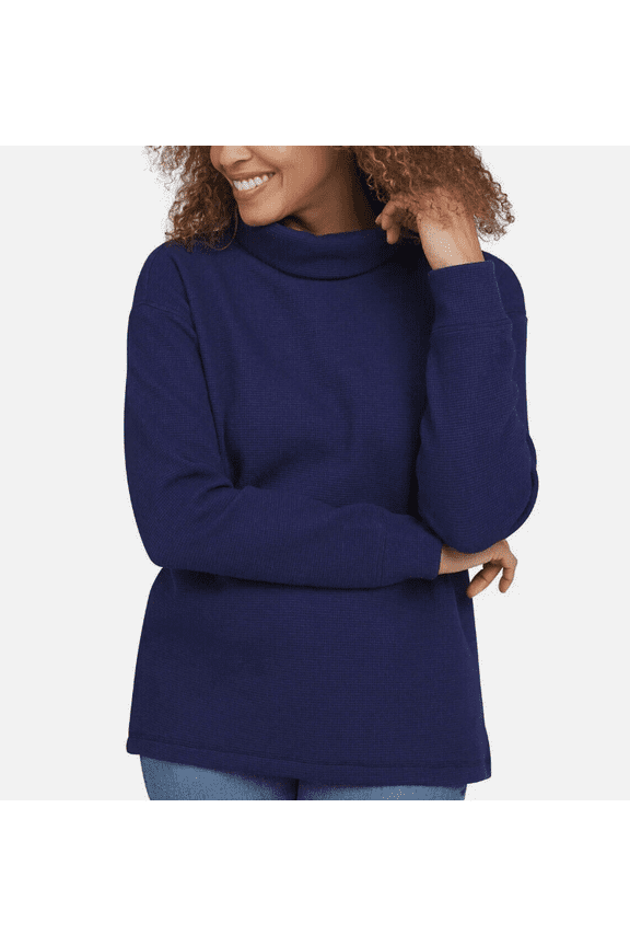 Lands End Womens Blue Waffle Knit Funnel Neck Top Long Sleeve XXL