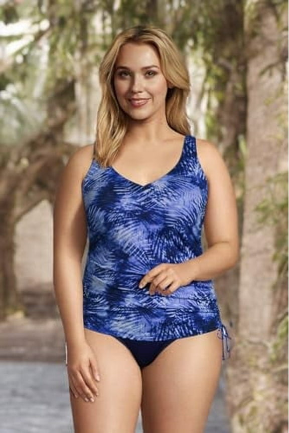 Women's Chlorine Resistant Adjustable V-Neck Underwire Tankini Top, Deep Sea Navy Tie Dye Palm
