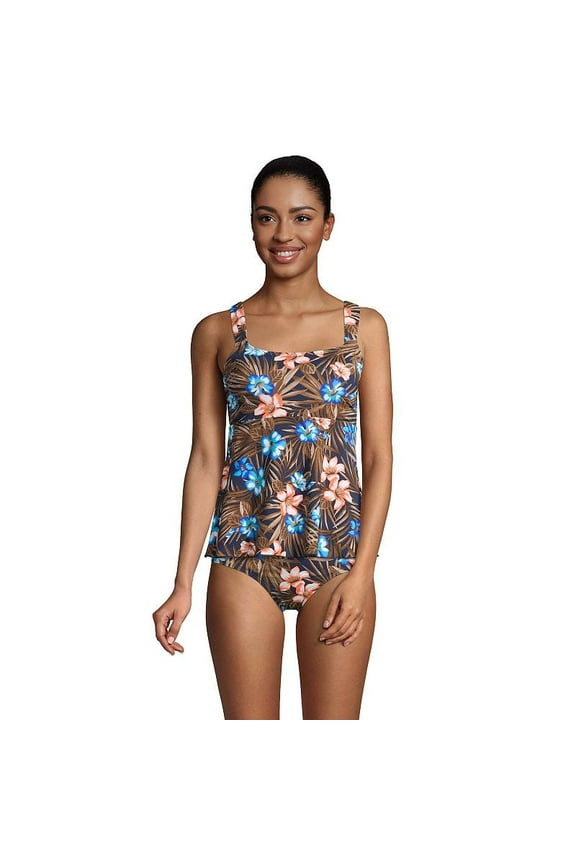 Womens Chlorine Resistant Flutter Scoopneck Tankini Top Deep Sea Navy Tropic Palm Regular Large